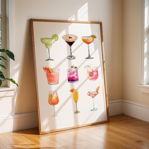 Classic Cocktails Watercolor Nine Drinks Bar Cart Kitchen Poster