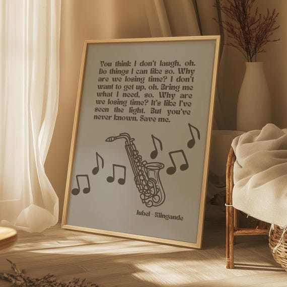Jubel Klingande Inspired Print Silver Khaki Song Lyric Music Poster Wall Art Typographic Lyrics Ibiza House Decor Saxophone