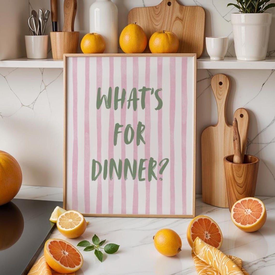 Whats For Dinner Kitchen Quote Green Lettering Striped Wall Art