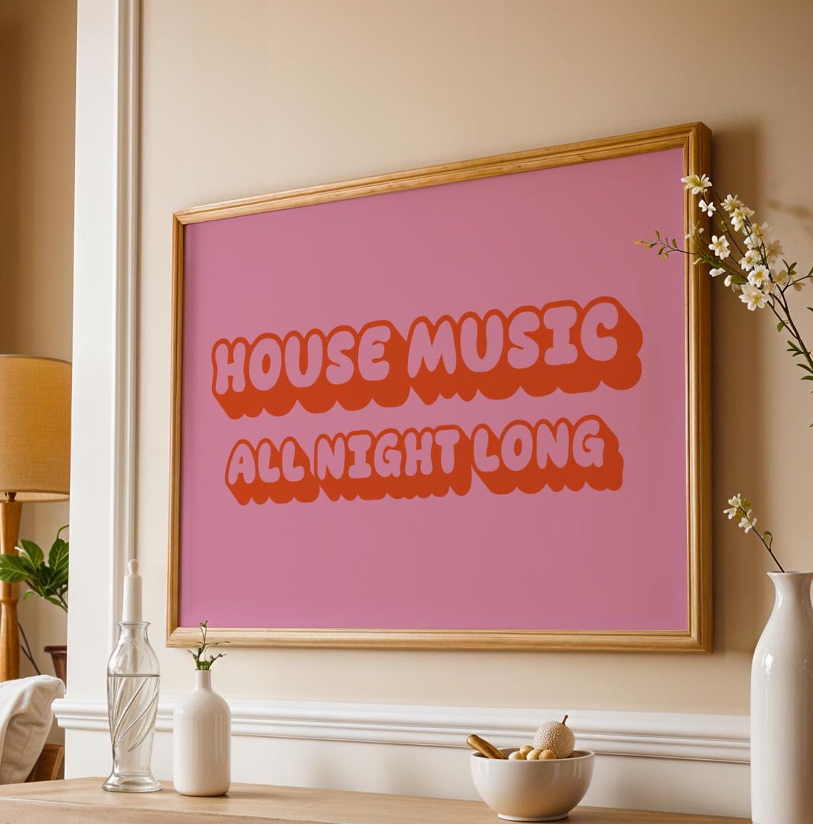 House Music All Night Long Pink Retro Bubble Letters Art Poster