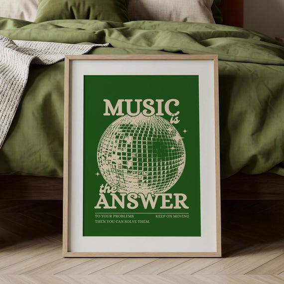 Music Is The Answer Green Khaki Disco Ball Wall Print Ibiza Colourful Funny Cute Birthday Art Gift Unique Funky House Poster