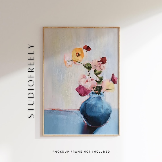 Floral Still Life Blue Vase Colorful Bouquet Minimalist Flower Art Poster