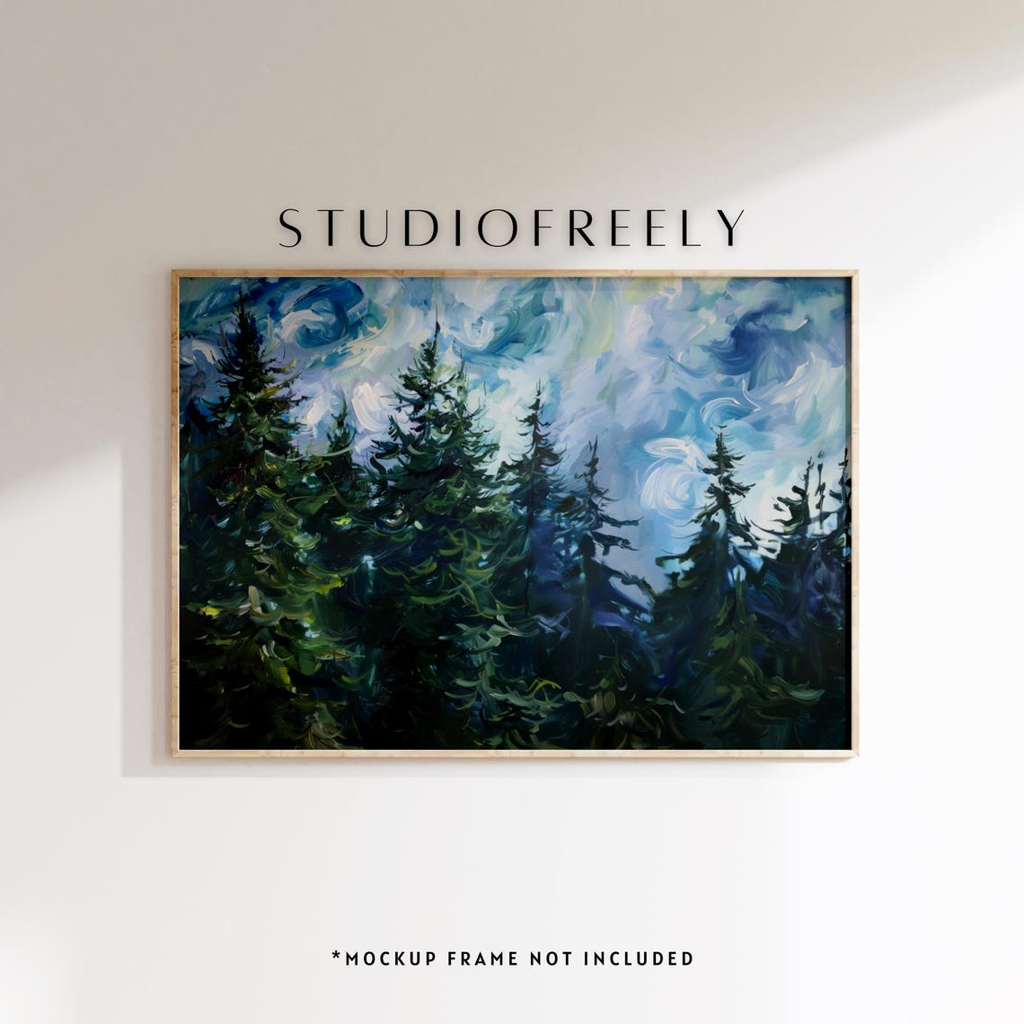 Pacific Northwest Pine Tree Oil Painting Misty Night Sky Poster