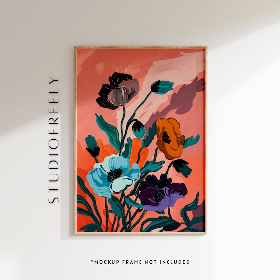 Vibrant Bold Poppy Flowers Coral Background Modern Floral Art Print