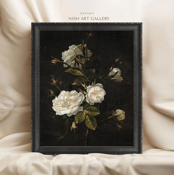 Vintage White Roses Still Life Botanical Art Print