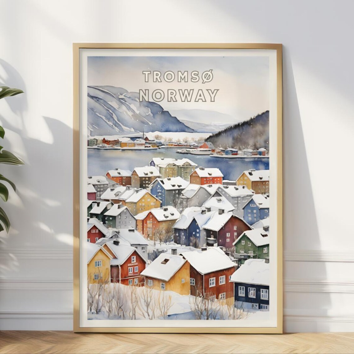 Troms Norway Travel Poster, Nordic Village Watercolor