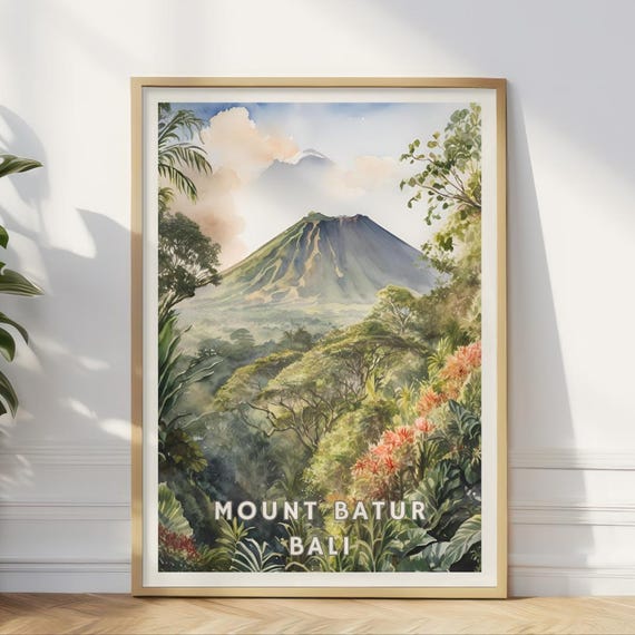 Mount Batur Bali Poster Tropical Landscape Wall Art Bali Volcano Print Jungle Travel Decor Southeast Asia Nature Art Se Asia Adventure