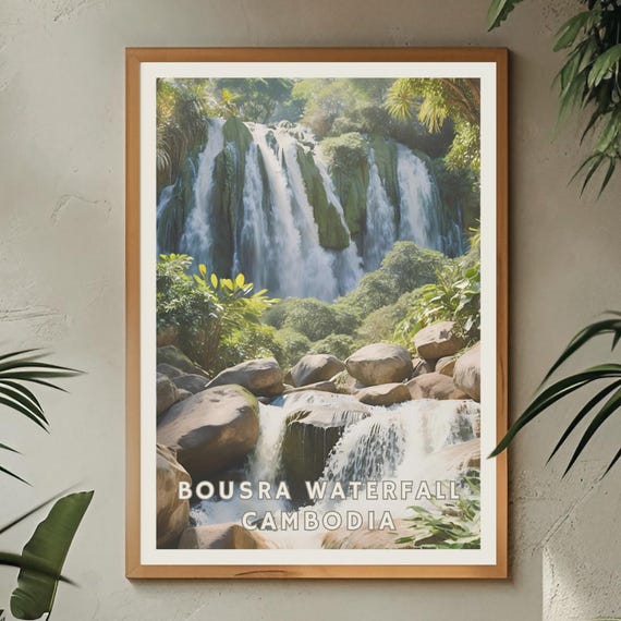 Bousra Waterfall Cambodia Poster Jungle Waterfall Wall Art Exotic Nature Landscape Print Cambodian Travel Decor Tropical Forest Scene