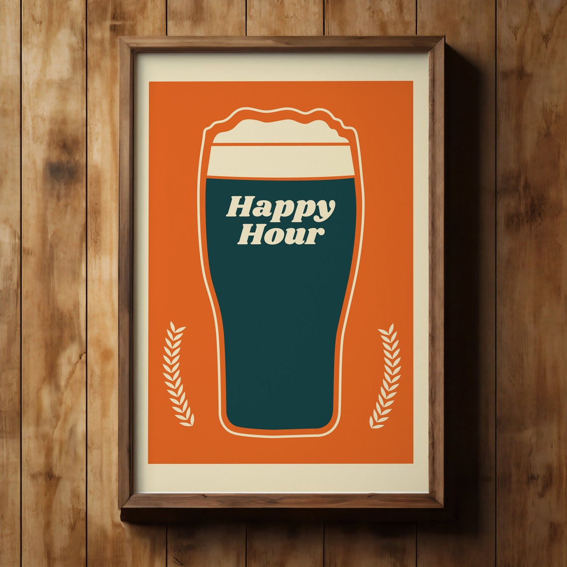 Happy Hour Beer Glass Retro Orange Vintage Bar Cart Art Poster