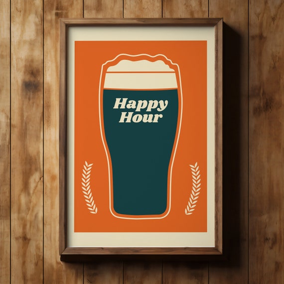 Happy Hour Wall Art Happy Hour Poster Beer Poster Pint Poster Bar Poster Bar Cart Poster Vintage Poster