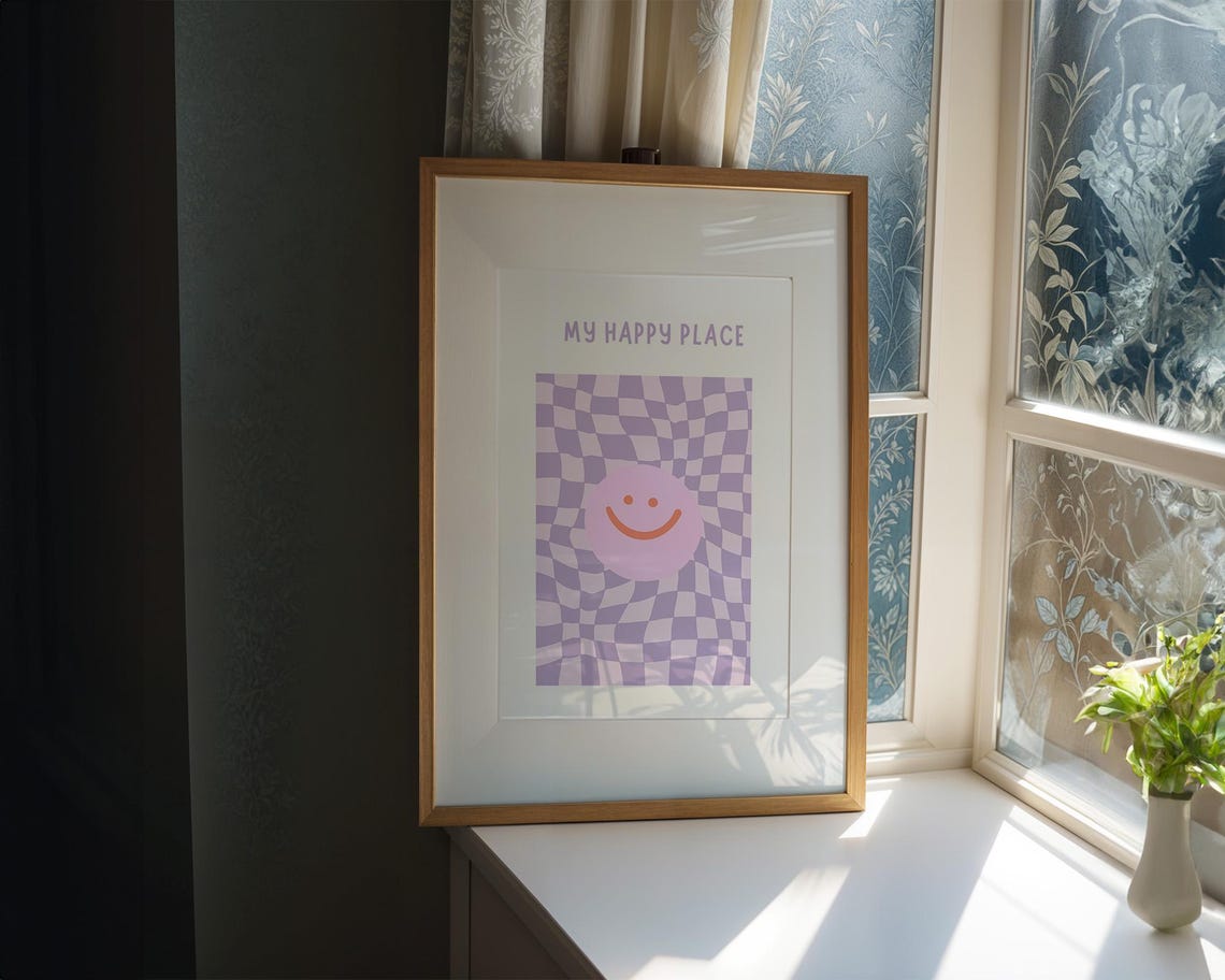 My Happy Place Smiley Face Purple Wavy Checkerboard Art Poster - Image 2