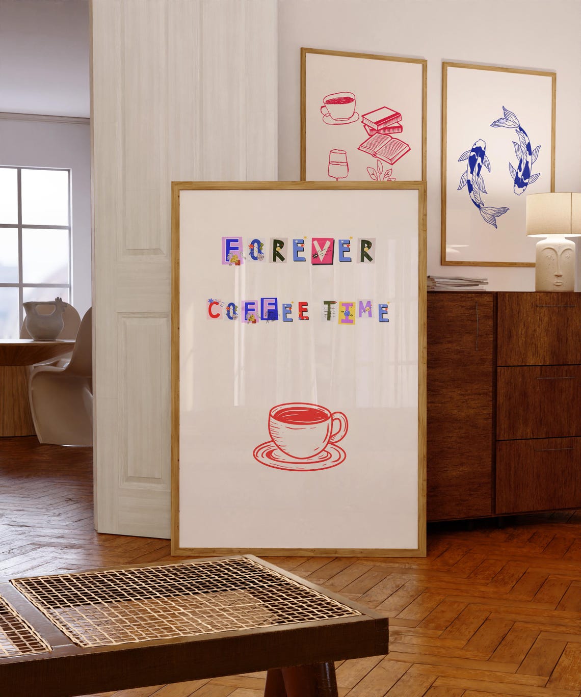 Forever Coffee Time Colorful Collage Letters and Red Cup Poster