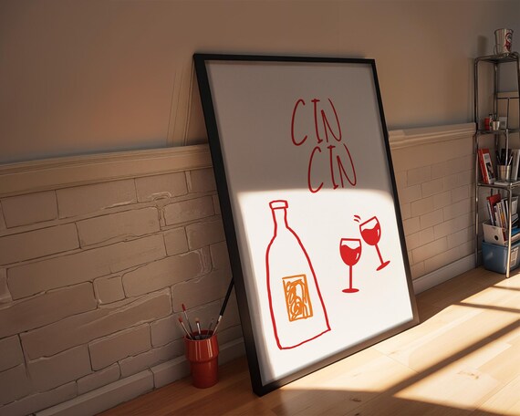Cin Cin Red Wine Bottle Cheers Hand Drawn Toast Sketch Poster