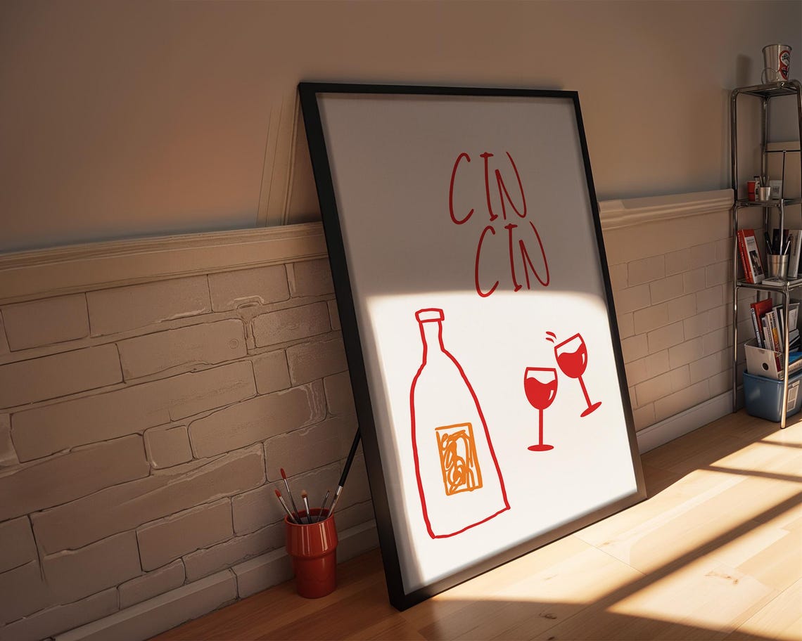Cin Cin Red Wine Bottle Cheers Hand Drawn Toast Sketch Poster