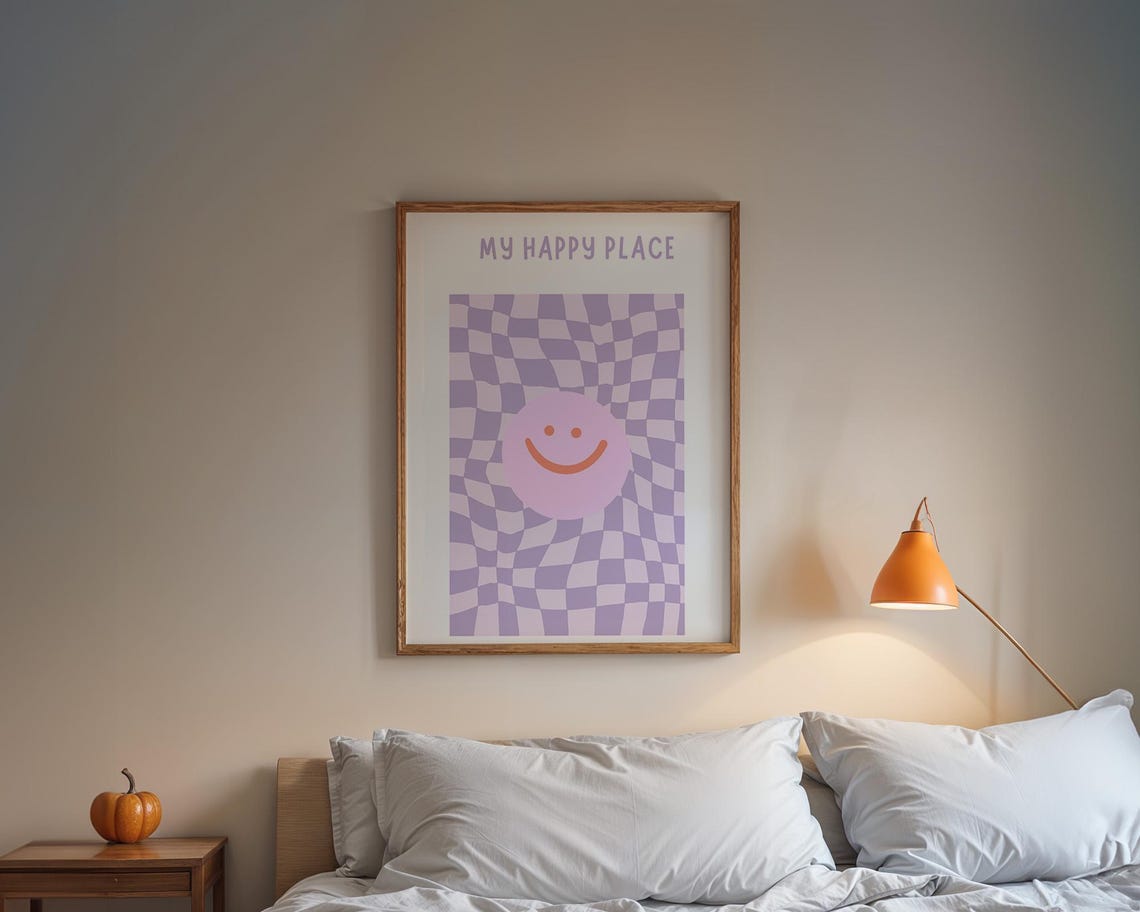 My Happy Place Smiley Face Purple Wavy Checkerboard Art Poster - Image 3