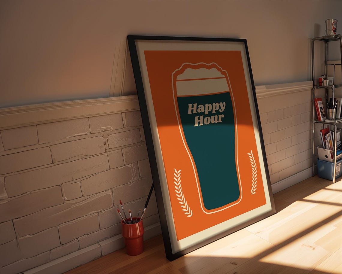 Happy Hour Beer Glass Retro Orange Vintage Bar Cart Art Poster - Image 4