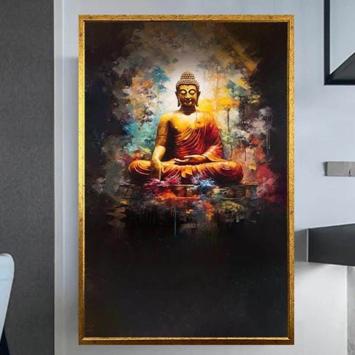 Golden Buddha Meditating On Lotus Flower Dark Background Art Poster