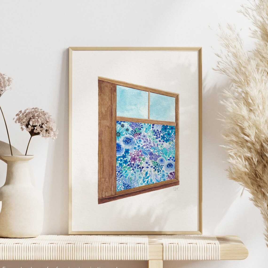 Open Wooden Window with Blue Blossom Floral View Watercolor Poster
