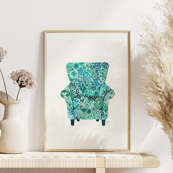 Cozy Green Floral Armchair Whimsical Watercolor Decor Poster
