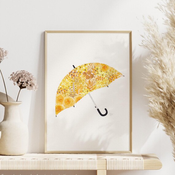 Cheerful Yellow Floral Umbrella Watercolor Spring Art Poster
