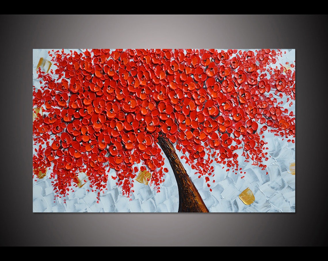 Fiery Red Blossom Tree on Pale Blue Palette Knife Floral Poster