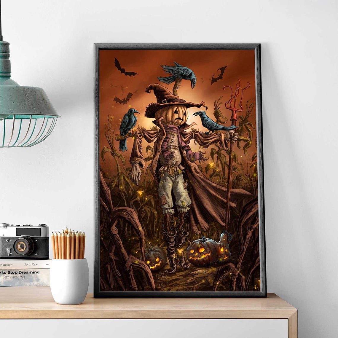 Pumpkin Head Scarecrow With Crows In Dark Cornfield Halloween Poster - Image 3