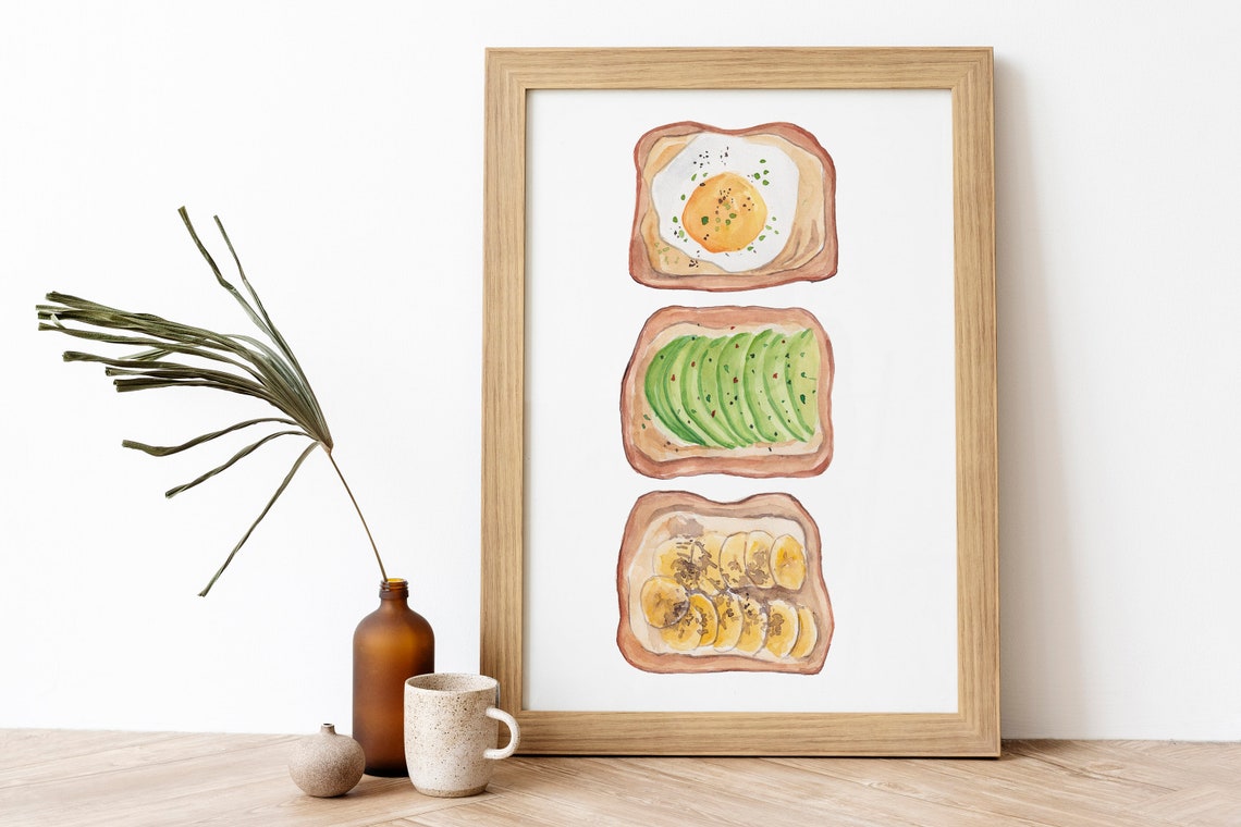 Breakfast Toast Trio Fried Egg Avocado Banana Watercolor Kitchen Print - Image 4