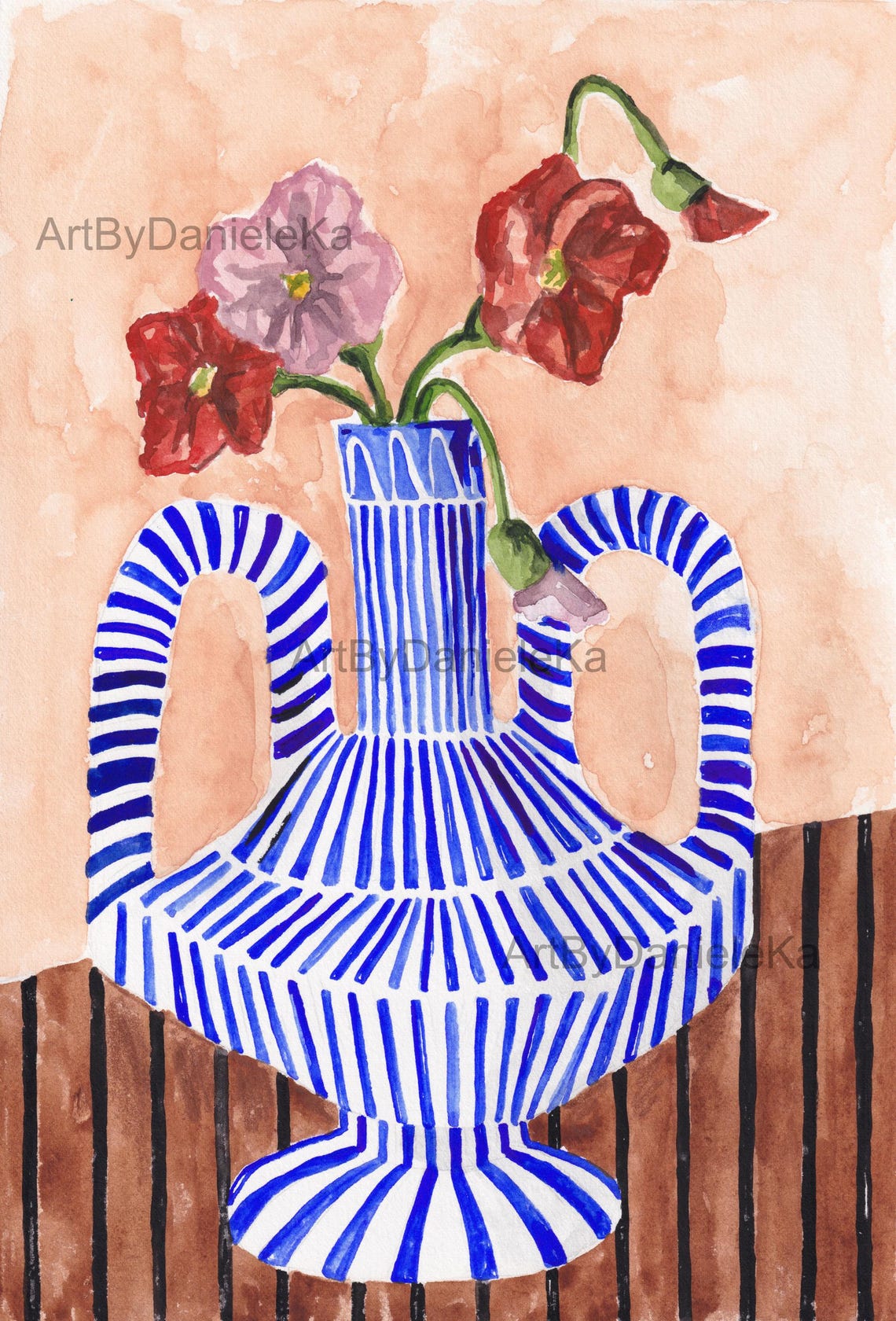 Red Poppies In Blue Striped Vase Floral Still Life Botanical Art Print - Image 2