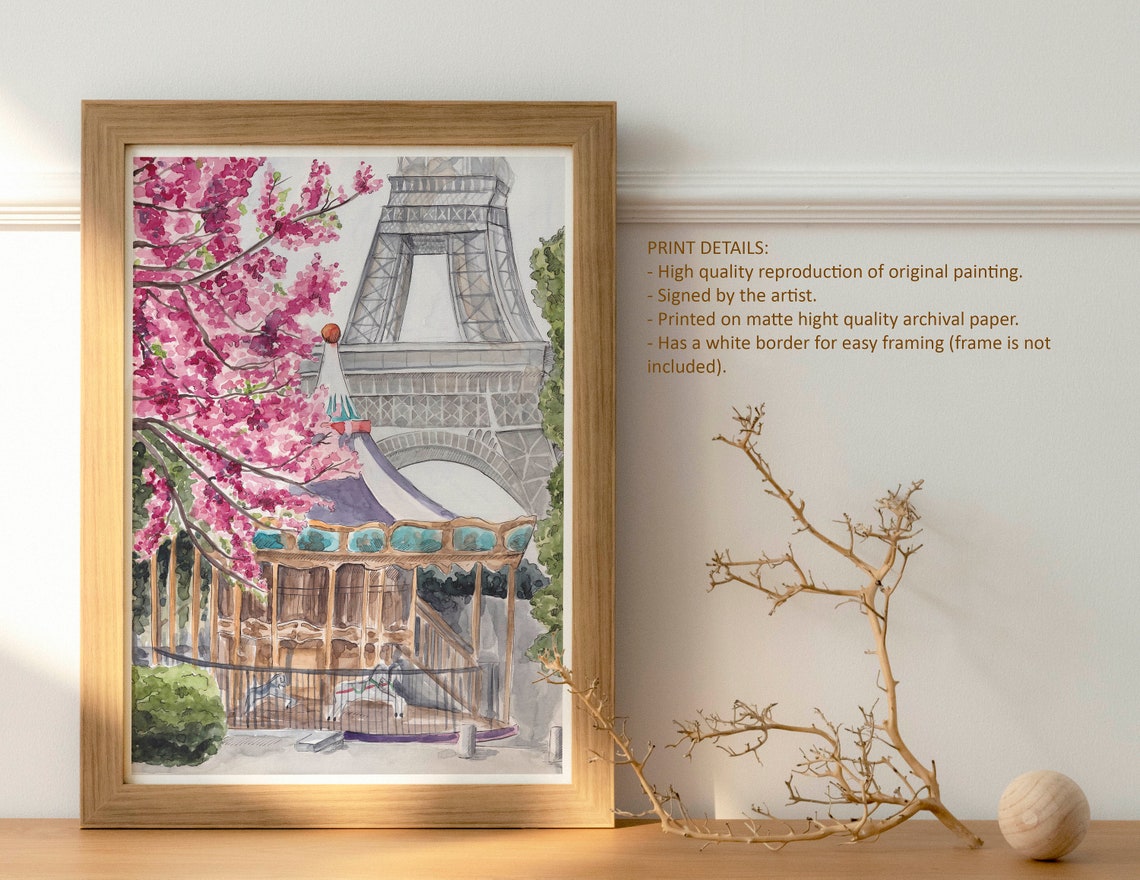 Paris Carousel Cherry Blossom Spring Eiffel Tower Vintage Scene Poster - Image 4