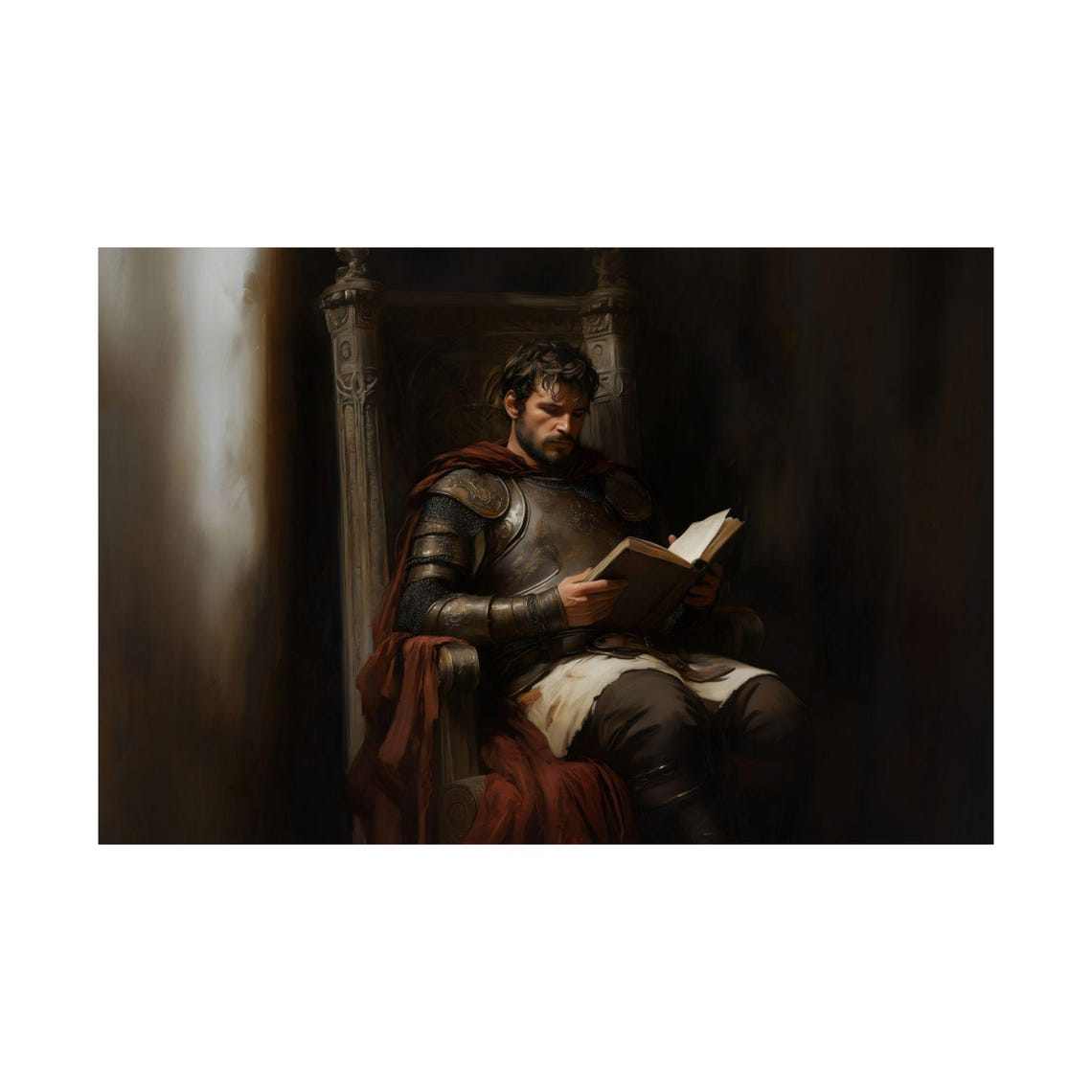 Armored Roman Reading Book On A Dark Throne Cinematic Poster - Image 2