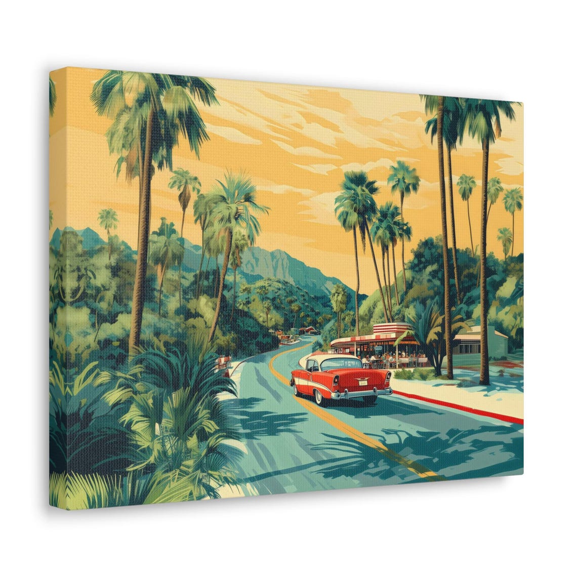 Vintage Red Car Cruising Down Palm Lined Road At Sunset Poster - Image 2