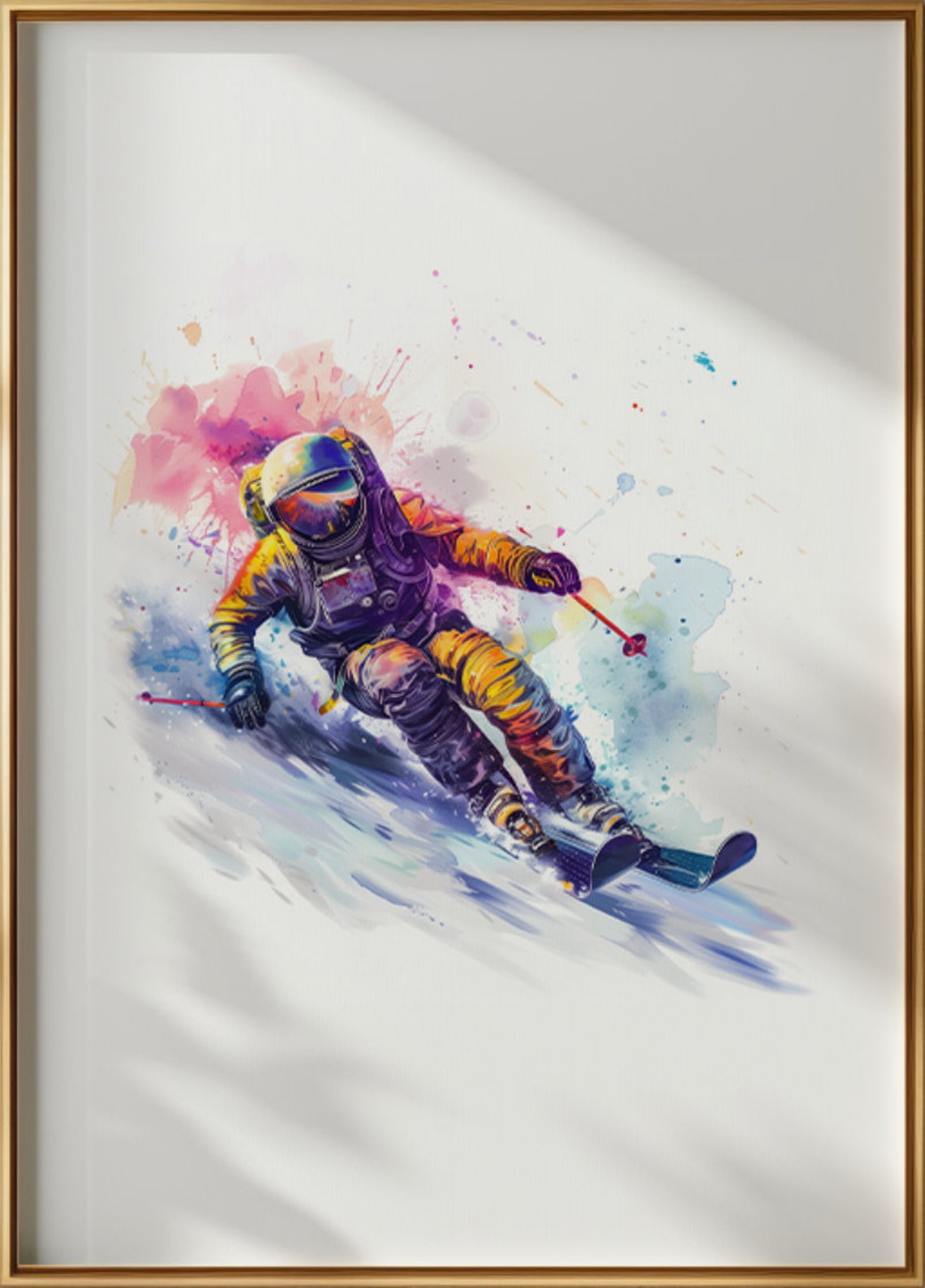 Astronaut Skiing In Bold Yellow Purple Watercolor Brushwork Print - Image 3