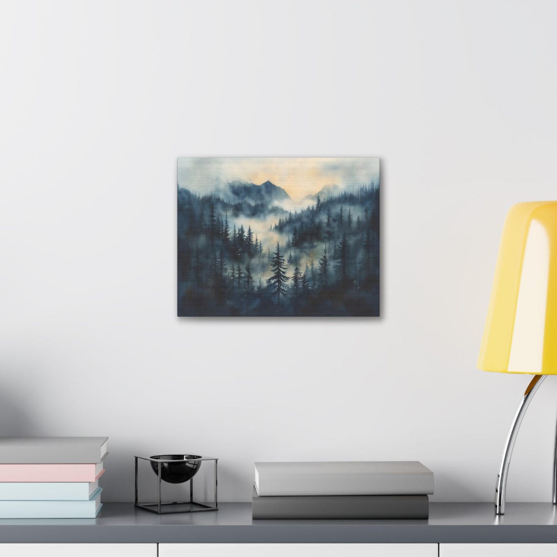 Misty Blue Pine Forest And Mountains At Sunrise Watercolor Print - Image 2