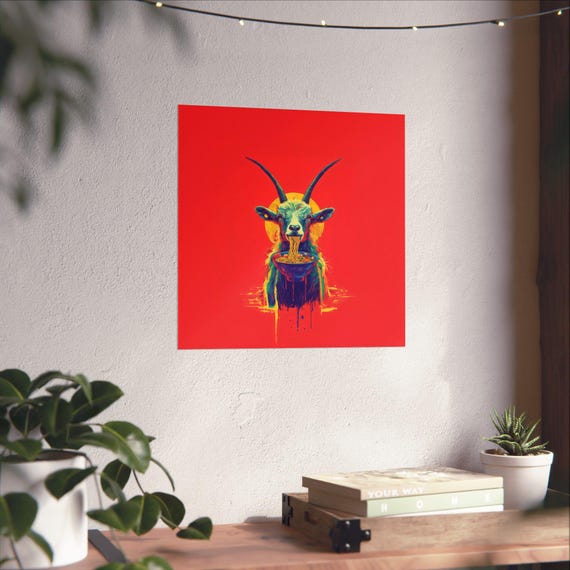 Maximalist Eclectic Ramen Goat Poster Print Bold Altered Animal Portrait Fantasy Fun Colorful Renaissance Rustic Art
