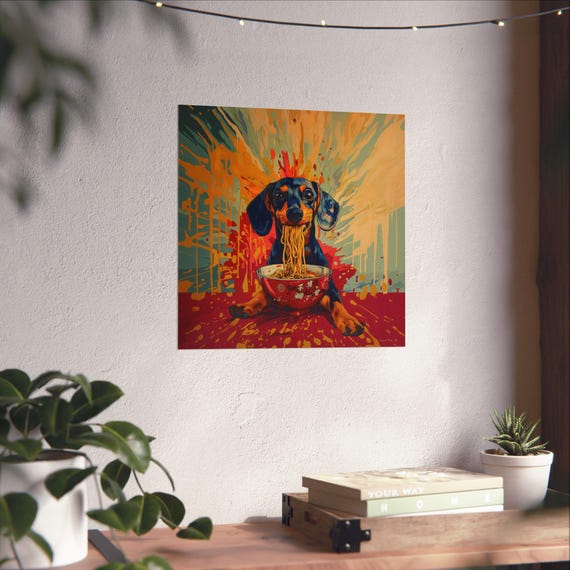 Maximalist Eclectic Ramen Dachshund Poster Print Bold Altered Animal Portrait Fantasy Fun Colorful Renaissance Rustic Art