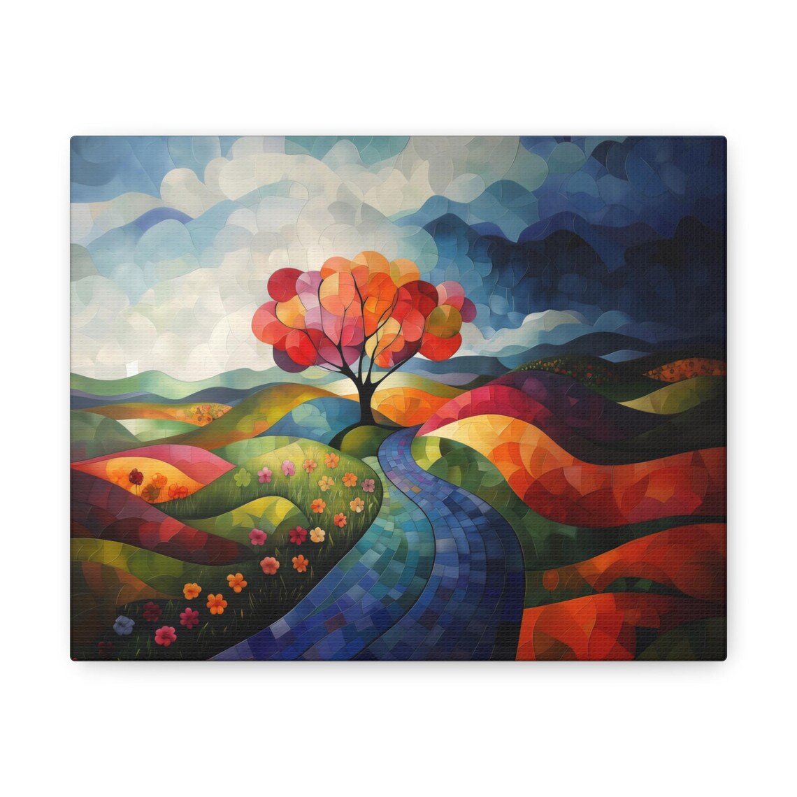 Colorful Geometric Mosaic Tree Over Rolling Hills And Blue River Wall Art - Image 2