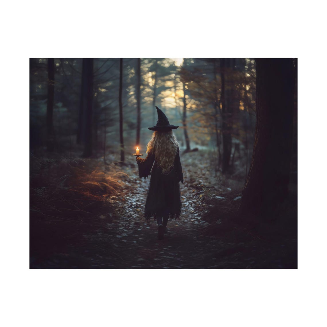 Lone Witch with Candle Walking Through Dark Forest Dusk Poster - Image 3