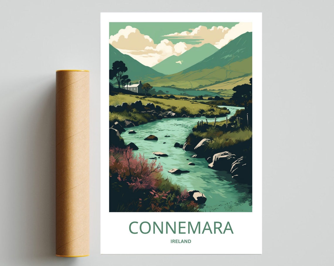 Connemara Ireland River Valley Cottage Rolling Green Hills Poster