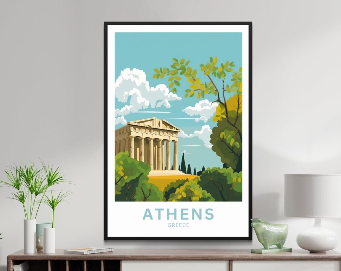 Athens Greece Parthenon Teal Sky Cypress Garden Travel Poster
