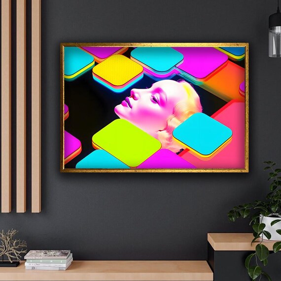 Pop Art Woman Face Neon Geometric 3D Squares Vibrant Modern Wall Art Print