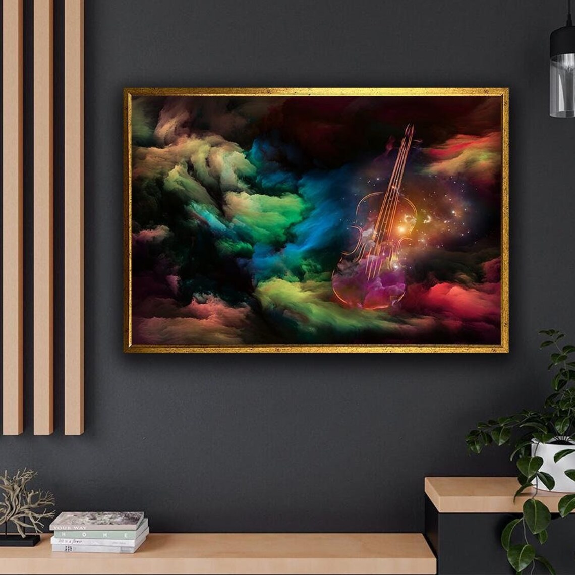 Glowing Violin Cosmic Nebula Neon Cloud Music Lover Wall Art Print