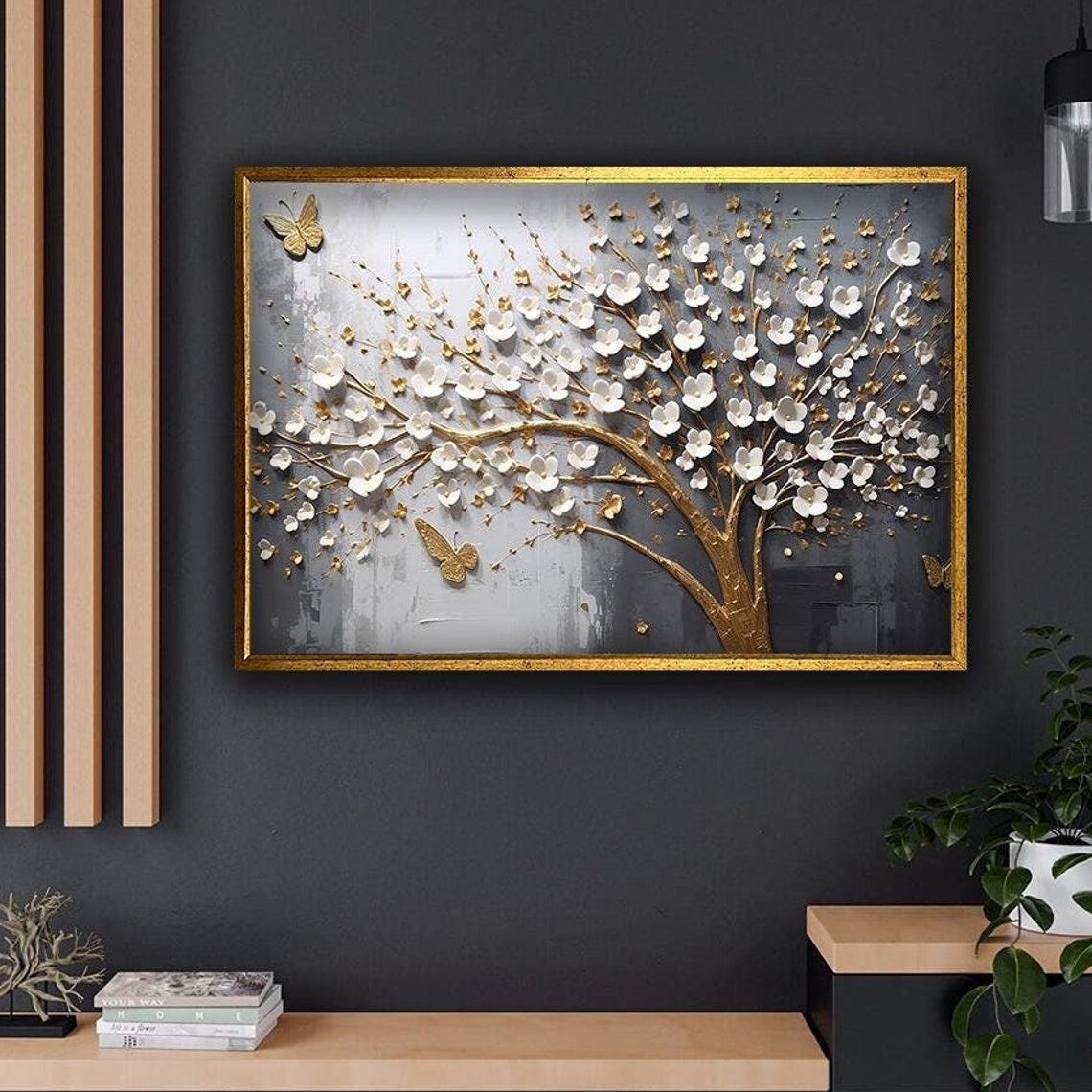 White and Gold Flower Tree 3D Butterflies Gray Floral Wall Art