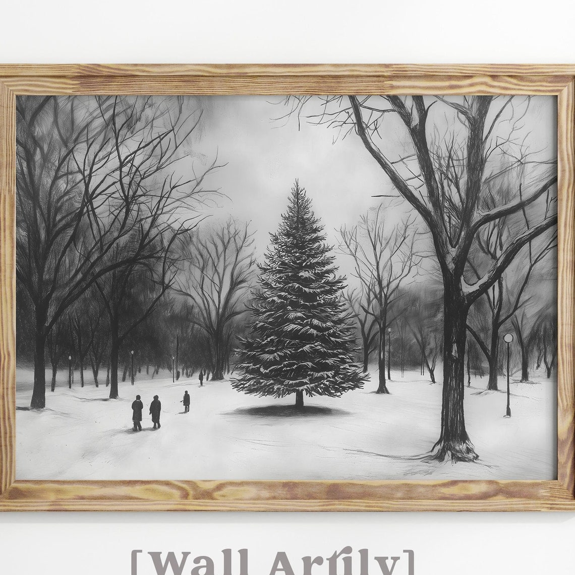 Monochrome Pencil Sketch Snowy Park Christmas Tree Drawing Poster