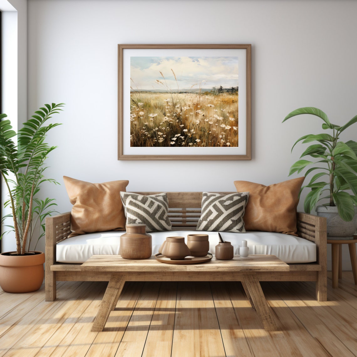 Sunlit Daisy Meadow with Tall Golden Grasses Landscape Poster - Image 3