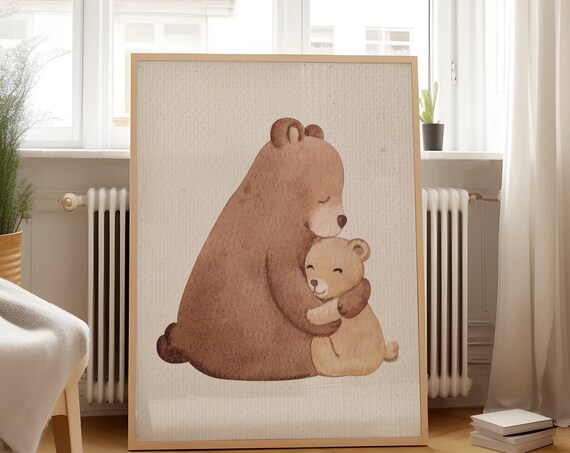 Mother Bear Hugging Cub Watercolor Nursery Wall Decor Poster