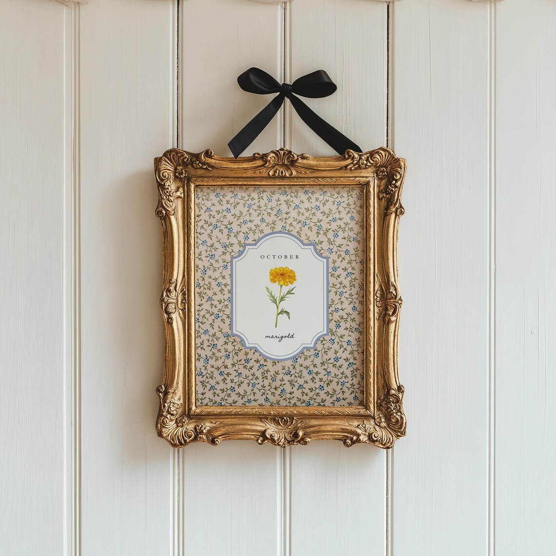 October Marigold Birth Flower Gold Frame Vintage Botanical Art Poster