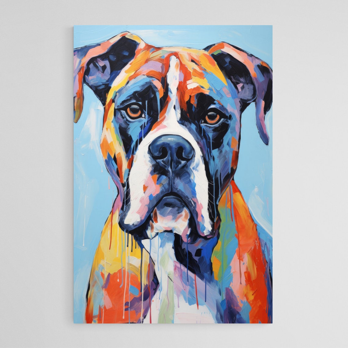 Boxer Dog Pop Art Portrait Brindle Coat on Bright Blue Poster