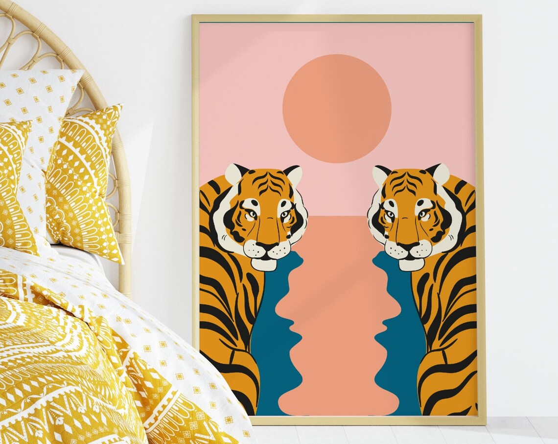 Tiger Print, Boho Pink Sun Art Print