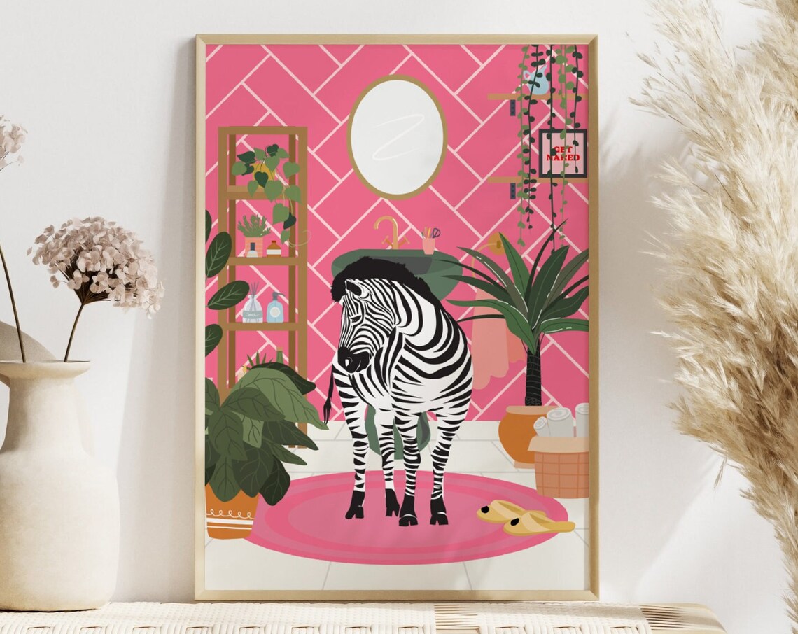 Zebra In Bathroom Botanical Boho Art Print