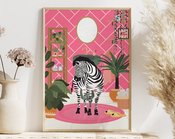 Zebra In Bathroom Botanical Boho Art Print
